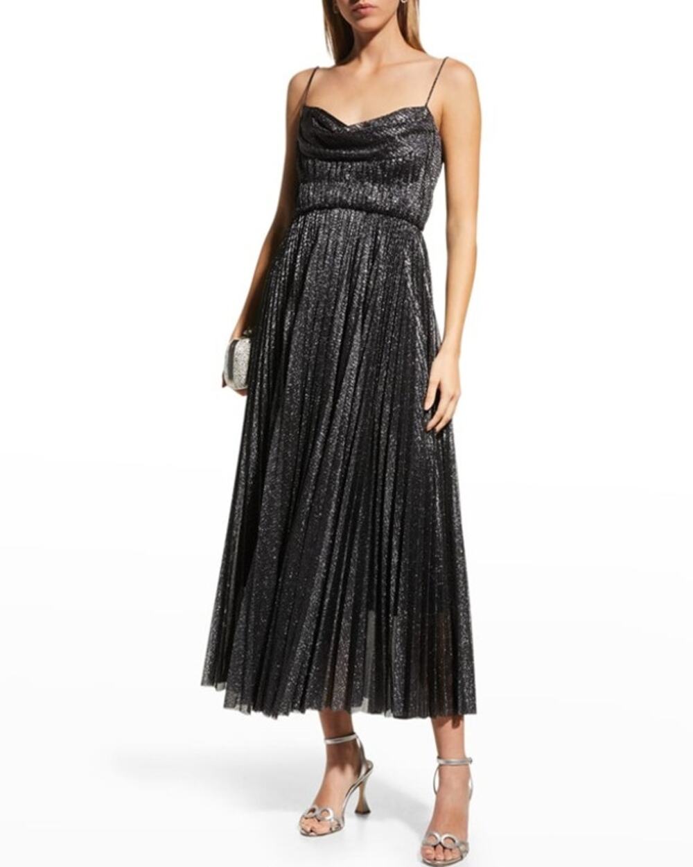 Lela Rose Women's Black Metallic Pleated Cowl-Neck Midi Dress Size 10